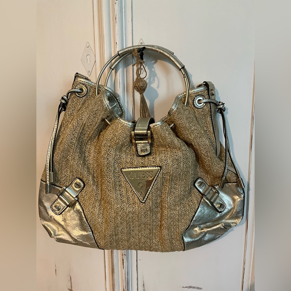 GUESS Summer Raffia Ring Handle Bag With Gold